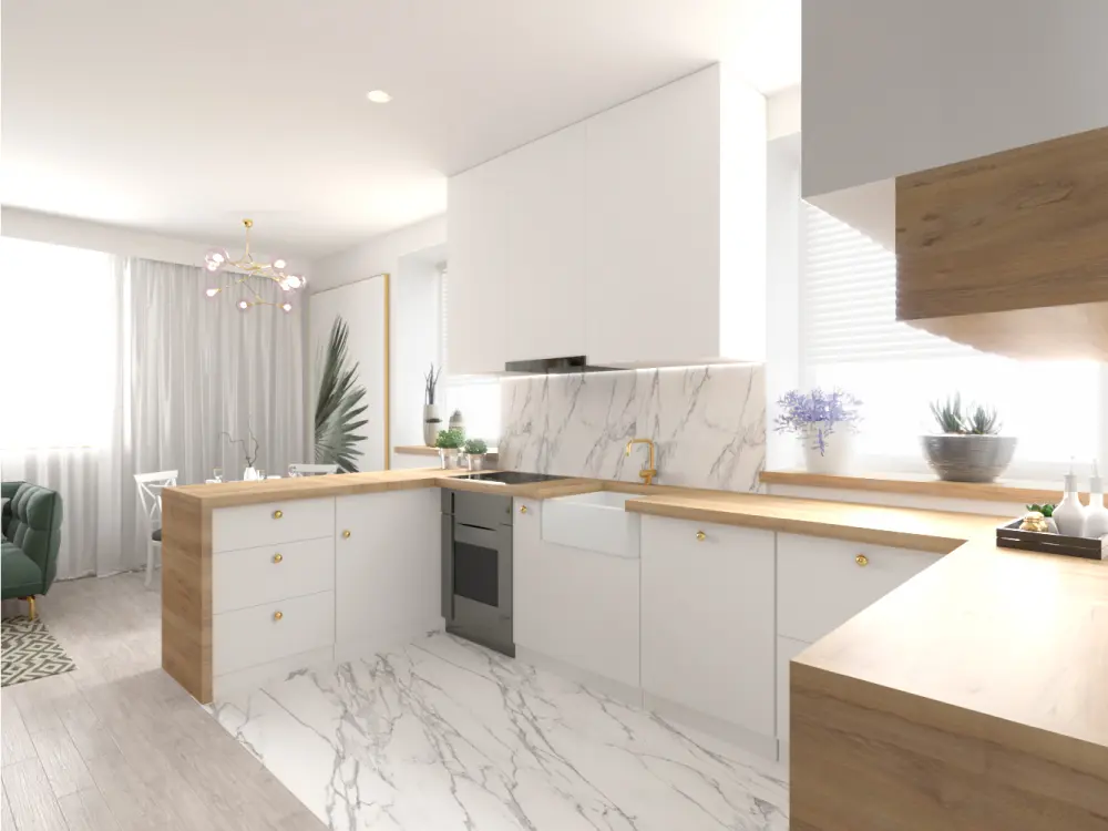 Projekt i realiacja strefy dziennej salon jadalnia kuchnia z materiałami wykończeniowymi Lubartów lubartow